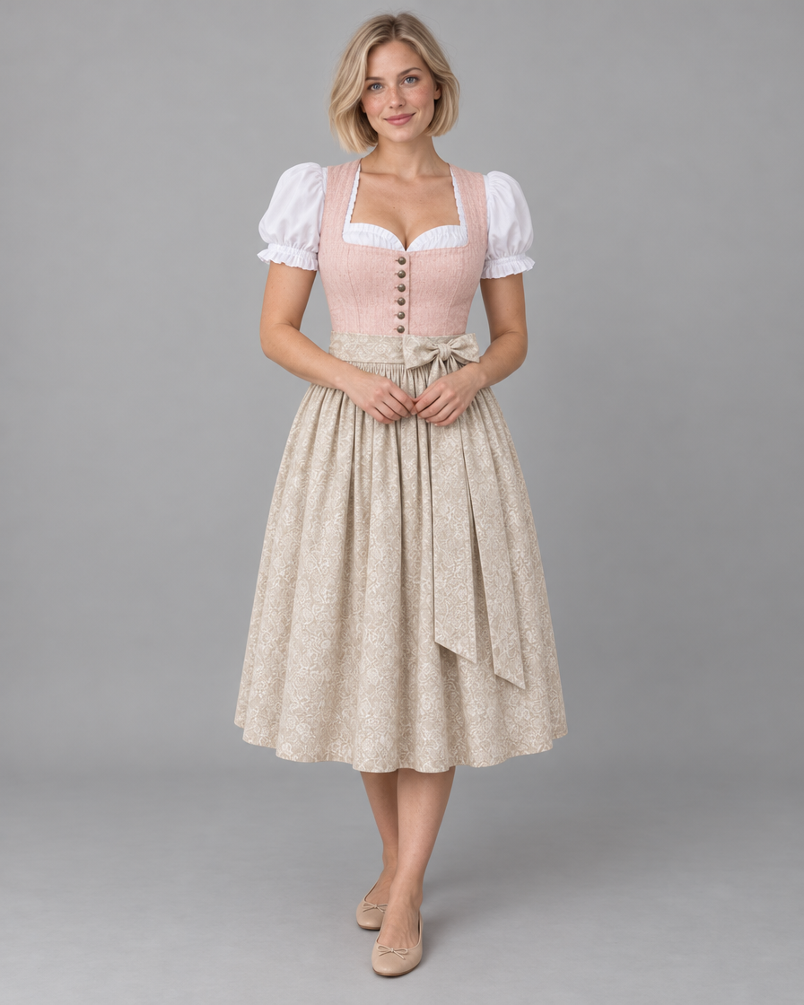 Dirndl in Rosa mit Knopfleiste und cremefarbener Schürze – Vorderansicht am Model