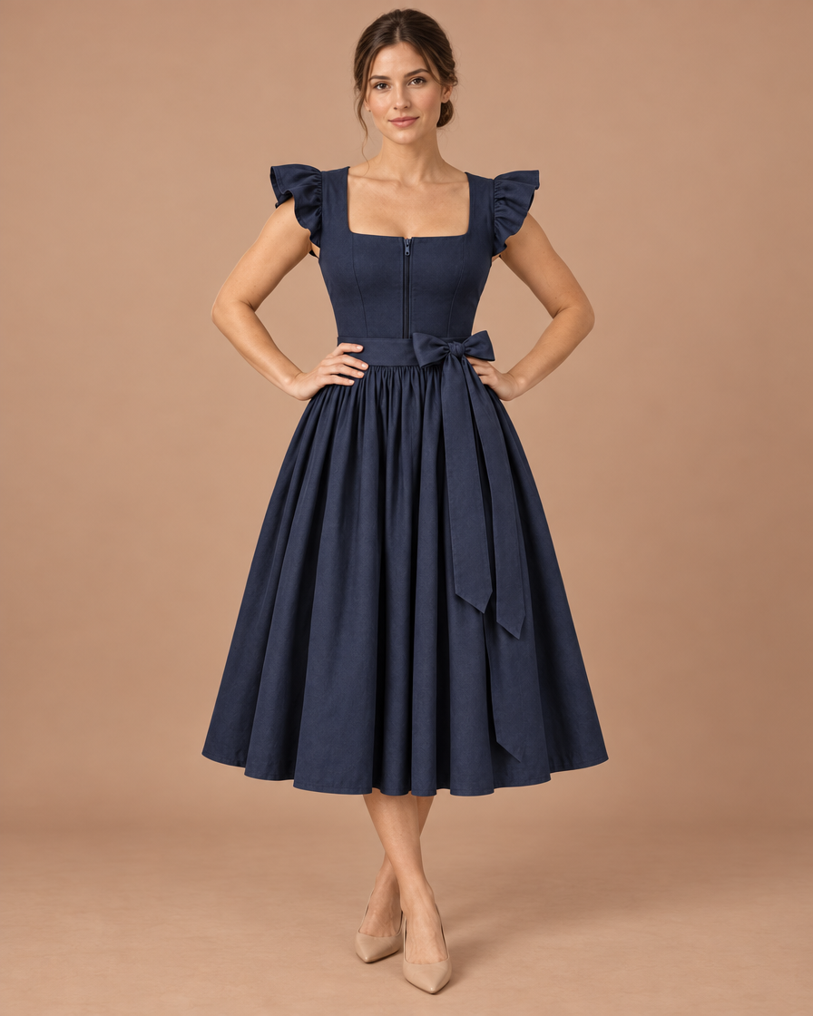 Kleid im Dirndl-Stil in Marineblau mit Rüschenärmeln – Vorderansicht am Model