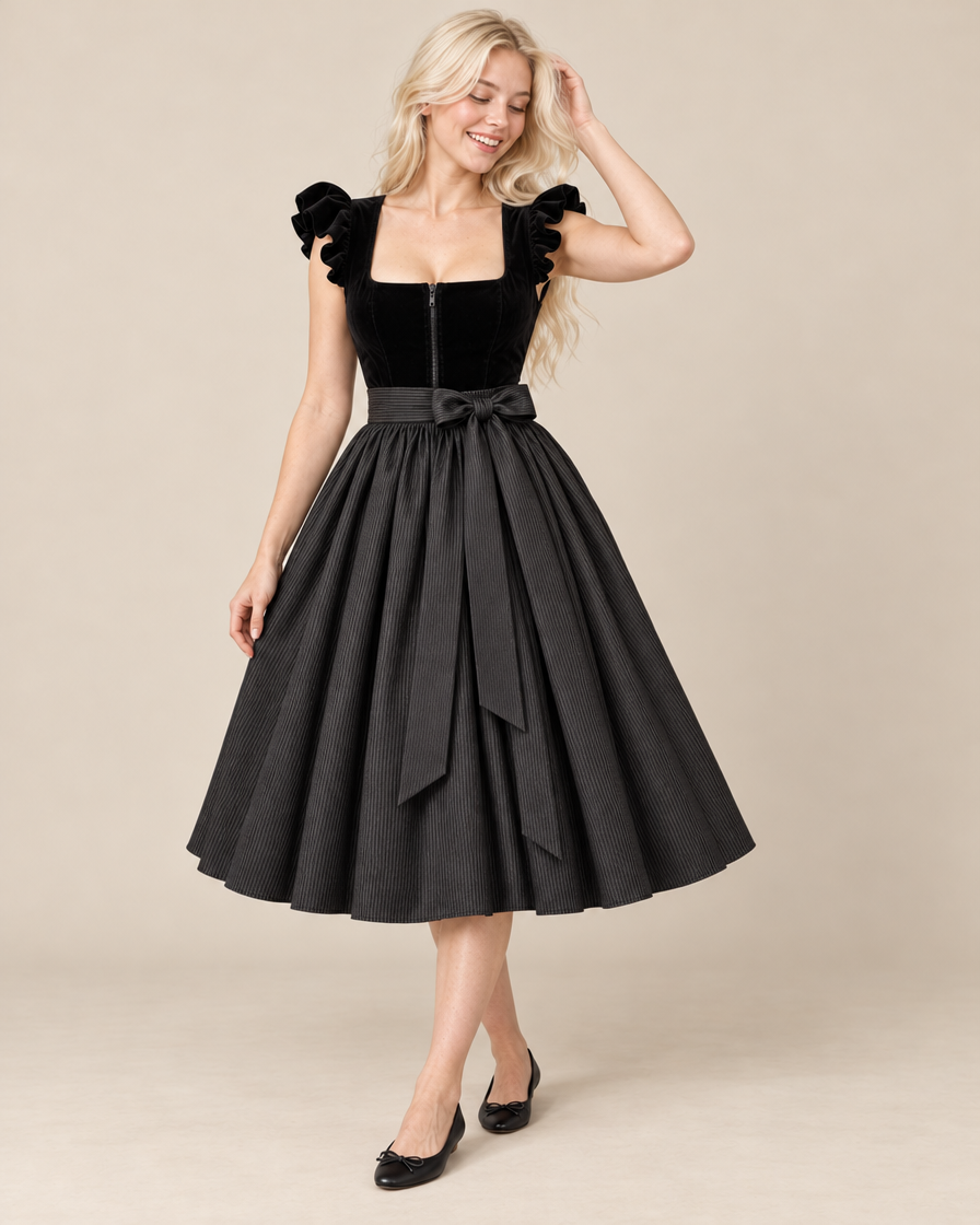 Kleid mit Flügelärmeln und Schleifengürtel in Schwarz – Vorderansicht am Model