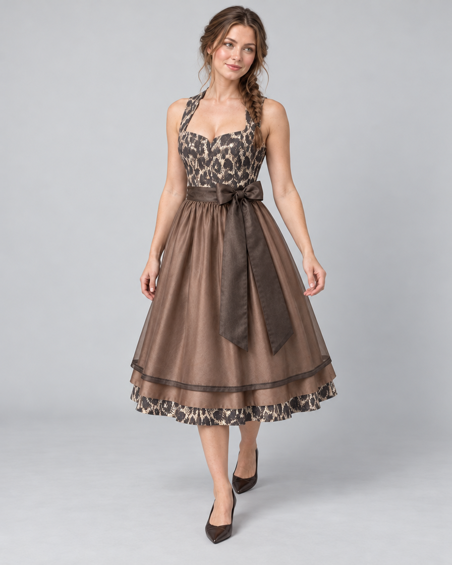 Zweiteiliges Dirndl in Braun mit Leo-Mieder – Model im Gehen