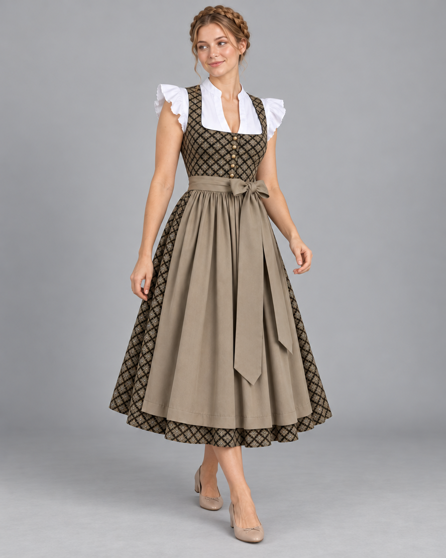 Zweiteiliges Dirndl in Antikgold – Dreiviertelansicht am Model