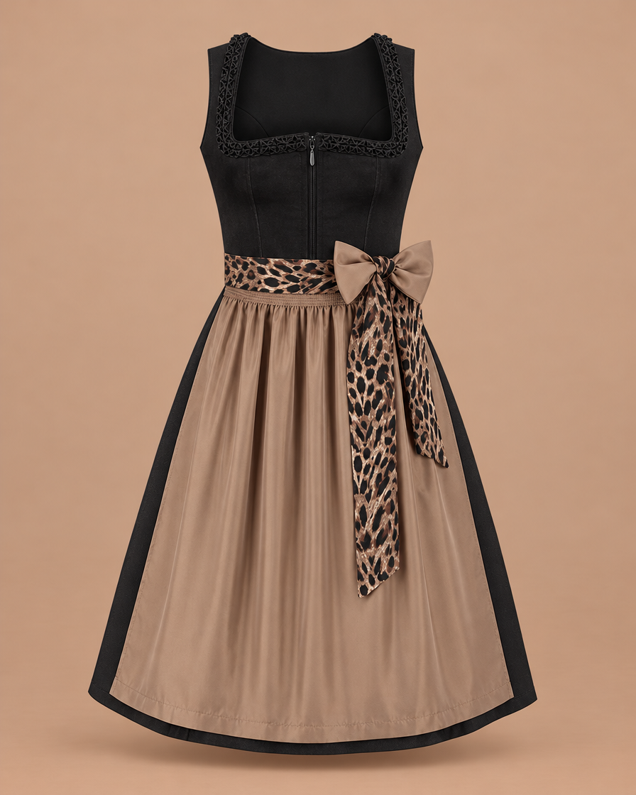 Zweiteiliges Dirndl in Schwarz mit Schürze in Taupe – Produktfoto Vorderseite