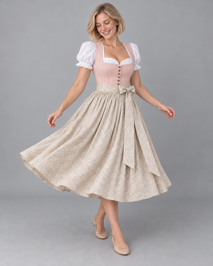 Dirndl in Rosa mit schwingendem Rock – Dreiviertelansicht am Model