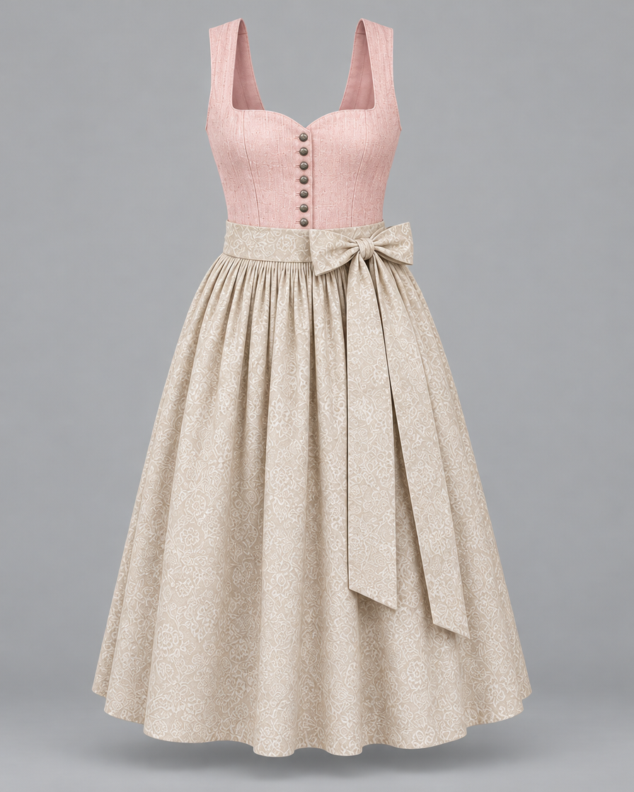Dirndl in Rosa mit cremefarbener Schürze – Produktfoto Vorderseite ohne Bluse