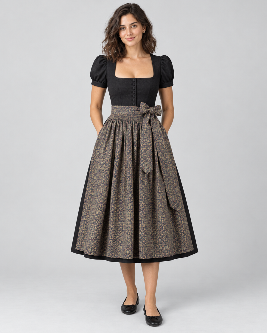 Dirndl in Schwarz mit Puffärmeln und gemusterter Schürze – Vorderansicht am Model