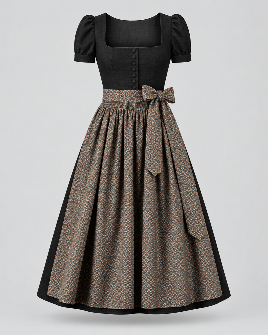 Dirndl in Schwarz mit gemusterter Schürze – Produktfoto Vorderseite