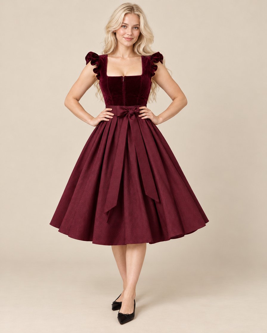 Kleid mit Flügelärmeln und Schleifengürtel in Weinrot – Vorderansicht am Model