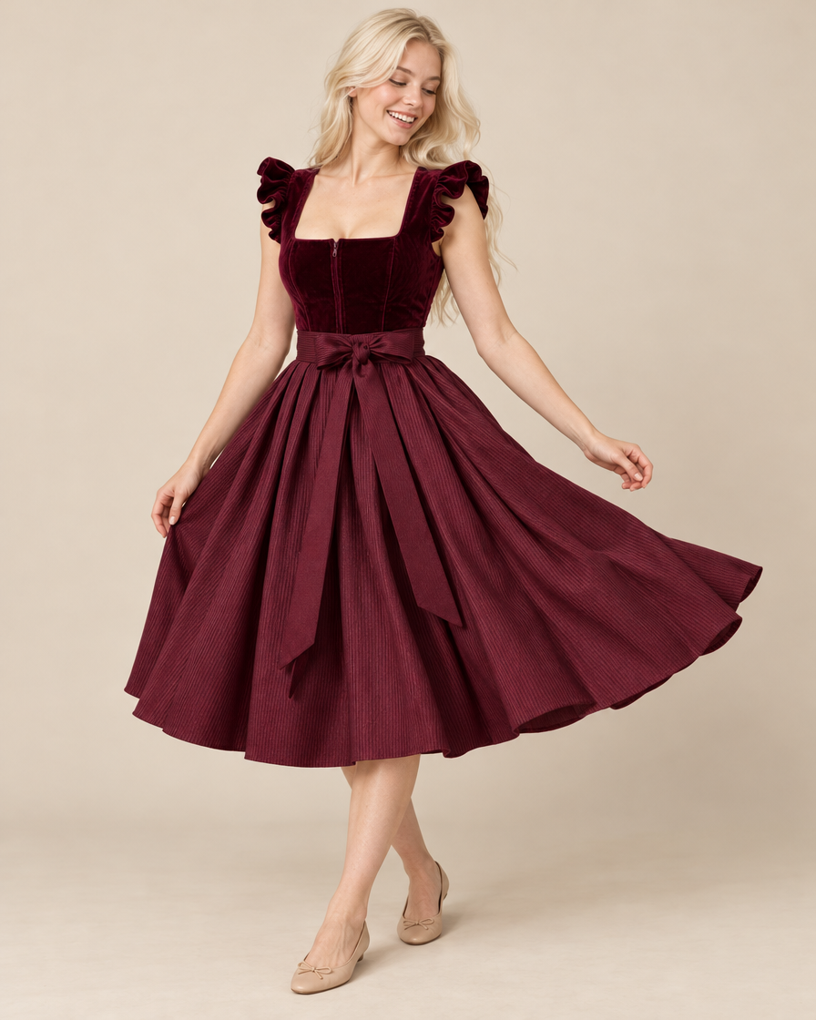 Kleid in Weinrot mit schwingendem Rock – Dreiviertelansicht am Model