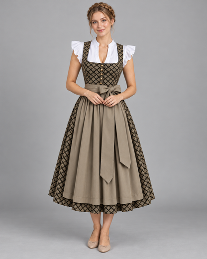 Zweiteiliges Dirndl mit Rautenmuster in Antikgold – Vorderansicht am Model